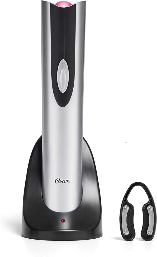 Oster Electric Wine Opener and Foil Cutter Kit with CorkScrew and Charging Base, Silver