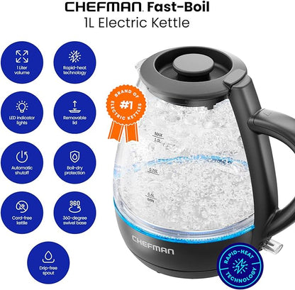 Chefman 1L Electric Tea Kettle with LED Lights,